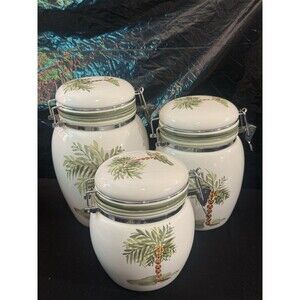 Elite Gibson Set Of 3 Airtight Palm Tree Hand Painted Dual Sided Canister Set